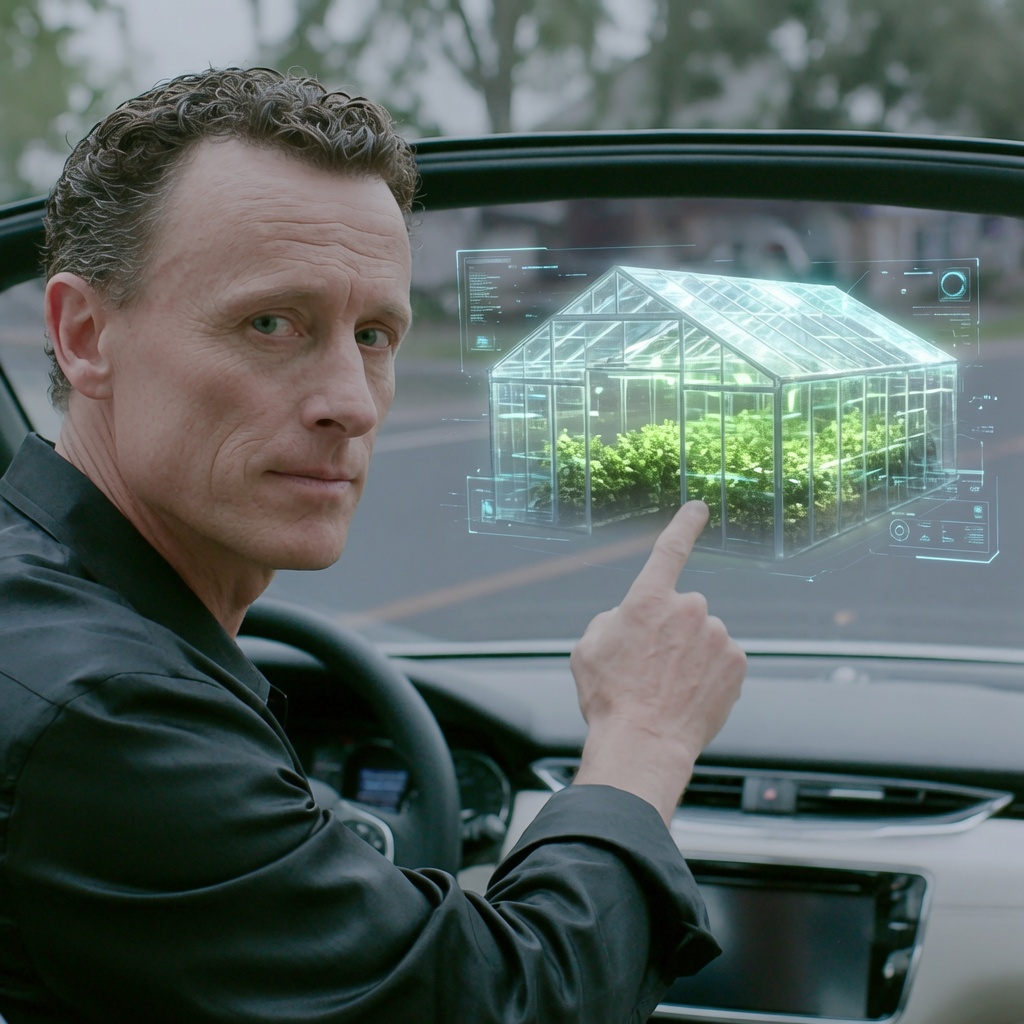 Man showing heads up display of a greenhouse on his windshield