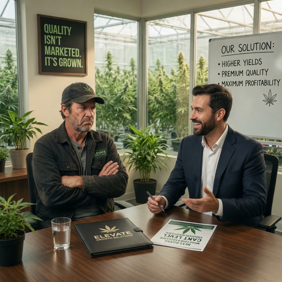 Skeptical grower with salesman