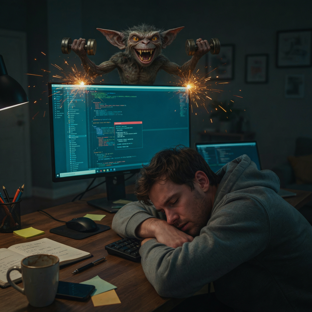 software engineer sleeps as a gremlin balances weights