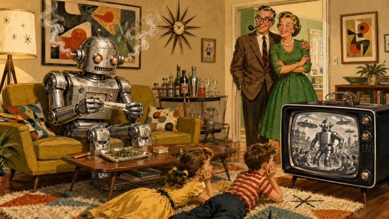 1950's scene of Robot at a table rolling a joint