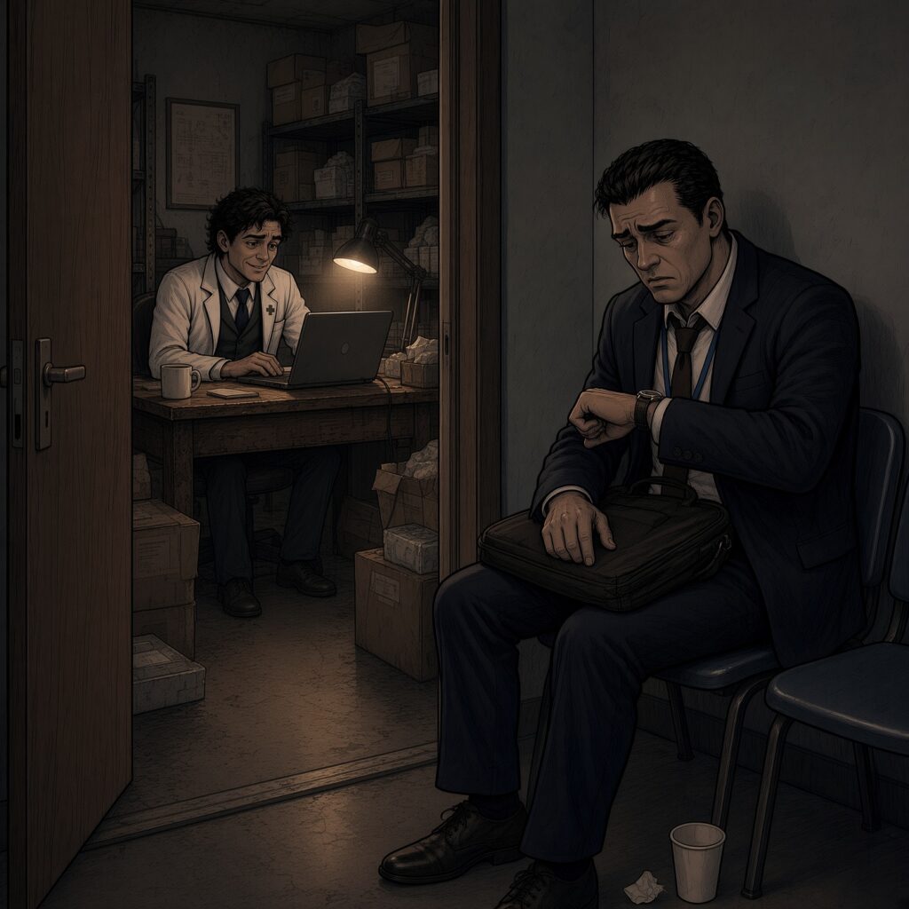 Vendor waiting for pharmacist who doesn't need him now